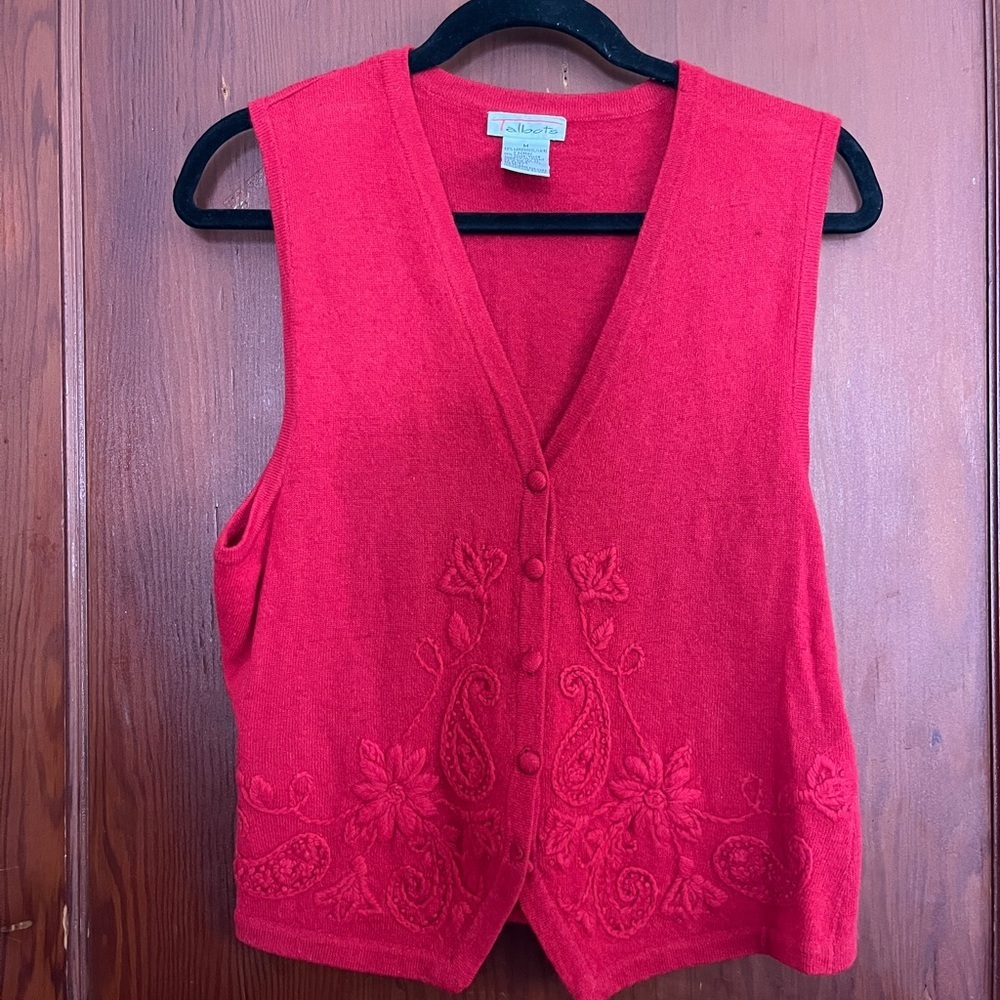 Talbots Red Embroidered V-Neck Sweater Vest